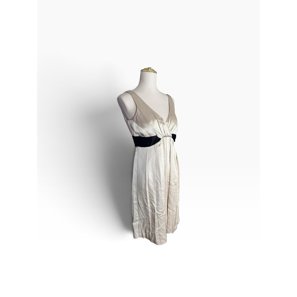 Jones New York Dress 8 Champagne Satin Black Empire Waist Cocktail Pleated - Picture 3 of 12